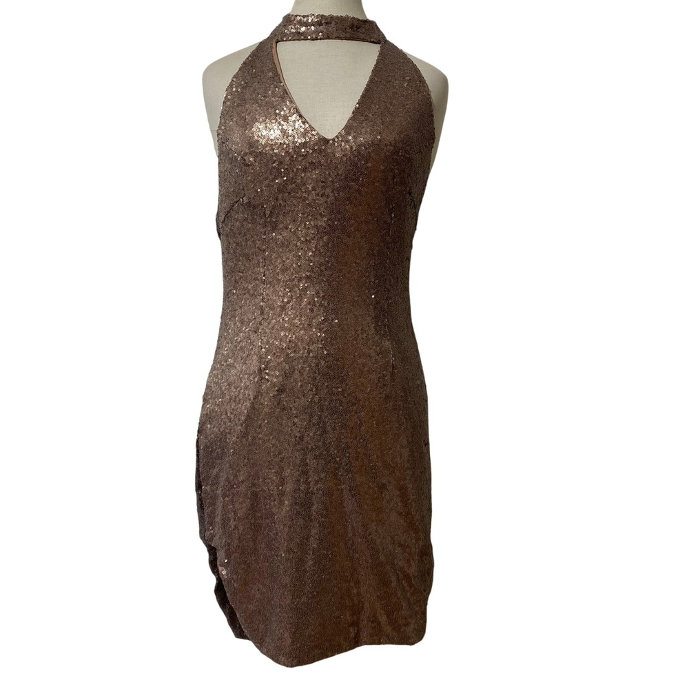 Morrisday The Label Brown Gold Sequin Halter Open Back Mini Cocktail Dress Large